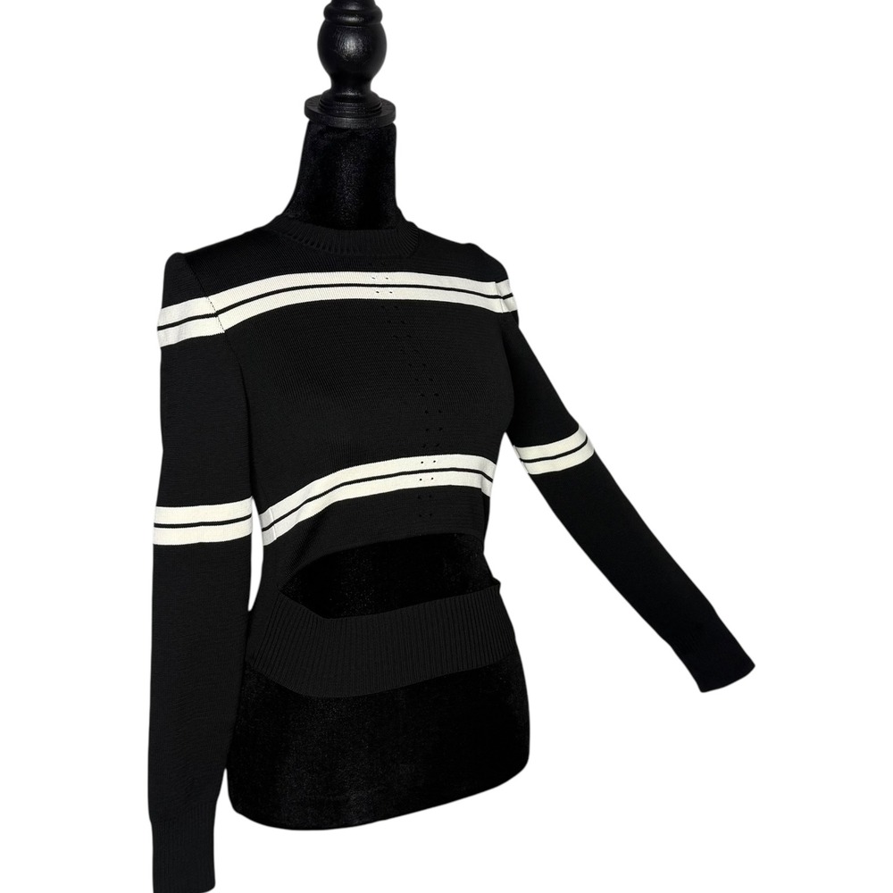 Black‎ White Striped Sweater Knit Top Cut Out Waist Size S Cyber Goth Ski Chic